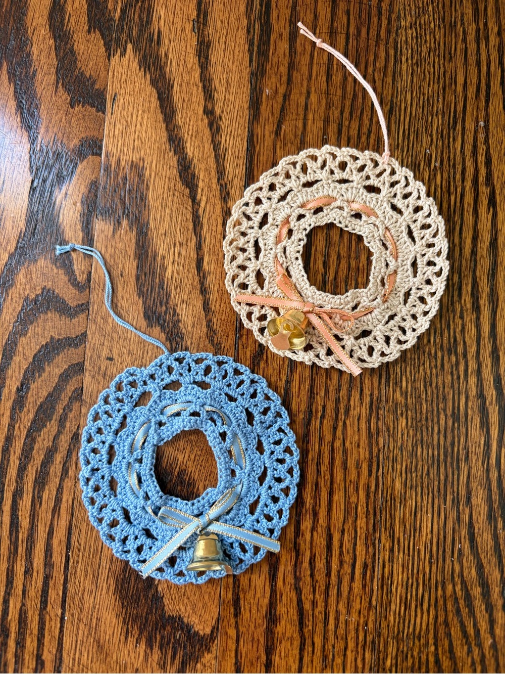 Handmade Lacy Crochet Wreath Ornaments with Bell and Ribbon